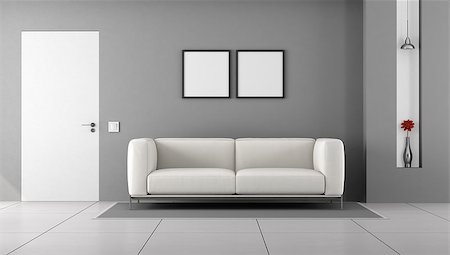 White and gray living room with closed door and modern couch - 3d rendering Stock Photo - Budget Royalty-Free & Subscription, Code: 400-08695310