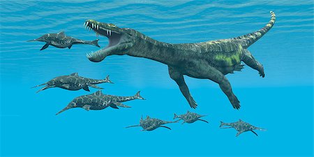 simsearch:400-08694325,k - A carnivorous reptile attacks smaller marine dinosaurs in a Cretaceous ocean. Foto de stock - Super Valor sin royalties y Suscripción, Código: 400-08695422