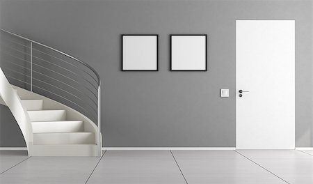 railing steel - Home interior with white staircase,gray wall and closed door - 3d rendering Stock Photo - Budget Royalty-Free & Subscription, Code: 400-08695702
