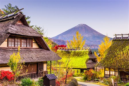 simsearch:400-08114963,k - Mt. Fuji, Japan with historic village Iyashi no Sato during an autumn twilight. Stockbilder - Microstock & Abonnement, Bildnummer: 400-08695870