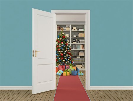 simsearch:400-07574774,k - Classic christmas interior with open door and christmas tree with gift on background - 3d rendering Fotografie stock - Microstock e Abbonamento, Codice: 400-08695950