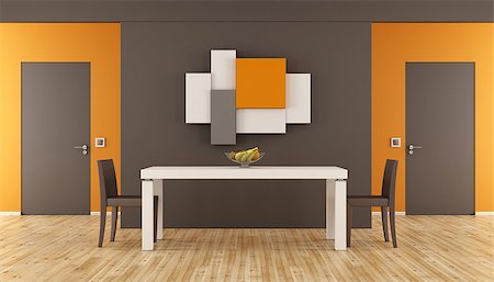 simsearch:400-07981410,k - Brown and orange minimalist dining room with table,chairs and two closed doors - 3d rendering Stock Photo - Budget Royalty-Free & Subscription, Code: 400-08695953