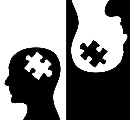 Contrast concept. Two humans profiles of white and black colors with brains in the puzzle form. Isolated on black and white backgrounds Stock Photo - Budget Royalty-Free & Subscription, Code: 400-08696086