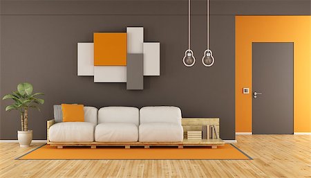 simsearch:400-07981410,k - Brown and orange modern living room with pallet sofa,wall unit and closed door - 3d rendering Stock Photo - Budget Royalty-Free & Subscription, Code: 400-08696080