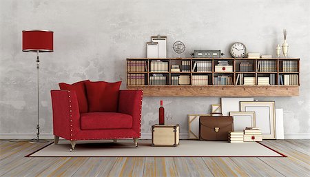 simsearch:400-07574774,k - Vintage living room with red armchair and wooden book case with books and decor objects - 3D Rendering Fotografie stock - Microstock e Abbonamento, Codice: 400-08696082