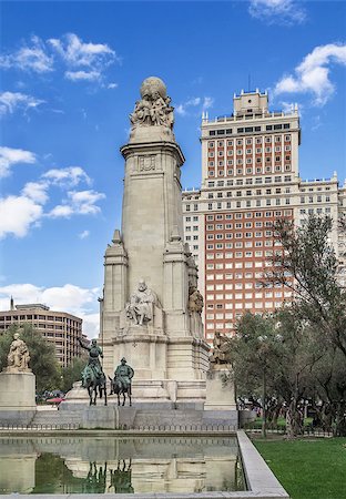 fountain plaza statue - monument to Miguel de Cervantes Saavedra on Plaza de Espana (Spain Square in English), Madrid, Spain Stock Photo - Budget Royalty-Free & Subscription, Code: 400-08696177