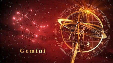 simsearch:400-08697533,k - Armillary Sphere And Constellation Gemini Over Red Background. 3D Illustration. Stock Photo - Budget Royalty-Free & Subscription, Code: 400-08696300