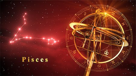 simsearch:400-08697533,k - Armillary Sphere And Constellation Pisces Over Red Background. 3D Illustration. Stock Photo - Budget Royalty-Free & Subscription, Code: 400-08696301