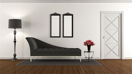 simsearch:400-07574774,k - Black and white retro living room with classic sofa and closed door - 3d rendering Fotografie stock - Microstock e Abbonamento, Codice: 400-08696314