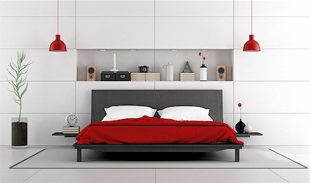 Contemporary white bedroom with black double bed and niche - 3d rendering Stock Photo - Budget Royalty-Free & Subscription, Code: 400-08696310