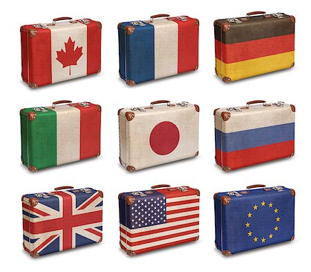 suitcase for italy - Vintage suitcase flags Group of Eight and EU, isolated on white Stock Photo - Budget Royalty-Free & Subscription, Code: 400-08696518