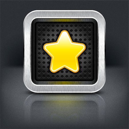 radiator grille - Yellow gold star icon with chrome metal frame. Rounded square button with perforation texture, black drop shadow and reflection on dark gray background. Vector illustration web design element 10 eps Foto de stock - Super Valor sin royalties y Suscripción, Código: 400-08696922