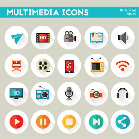 simsearch:400-08696973,k - Trendy flat detailed multimedia colored icons on colored circles Fotografie stock - Microstock e Abbonamento, Codice: 400-08696966