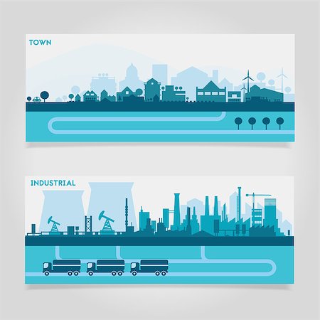 Vector horizontal banners skyline Kit with various parts of city - factories, refineries, power plants and small towns or suburbs. Illustration divided on layers for create parallax effect Stock Photo - Budget Royalty-Free & Subscription, Code: 400-08696961