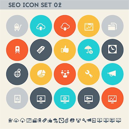 simsearch:400-08292893,k - Modern flat design multicolored SEO icons collection, set 2 Photographie de stock - Aubaine LD & Abonnement, Code: 400-08696978