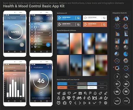 simsearch:400-08645953,k - Flat design responsive Health and Mood Control UI mobile app template with trendy blurred backgrounds, smartphone mockups, notificatons, infographics charts kit and linear ui icons collection Stock Photo - Budget Royalty-Free & Subscription, Code: 400-08696990