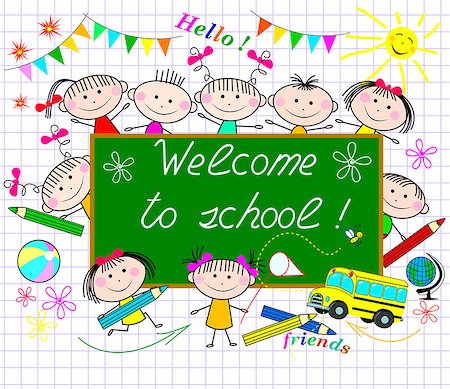 A group of children on the background of the school board greeting. Cartoon children schoolchildren. Stock Photo - Budget Royalty-Free & Subscription, Code: 400-08697056
