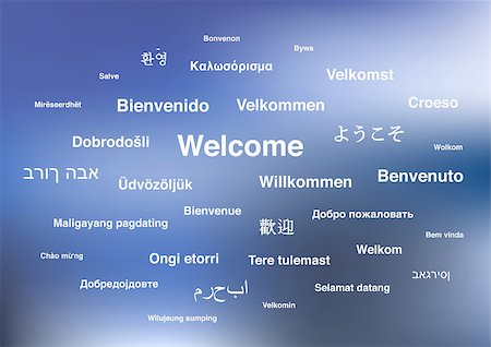 White welcome phrase in different languages of the world on blue blurred background Stockbilder - Microstock & Abonnement, Bildnummer: 400-08697261