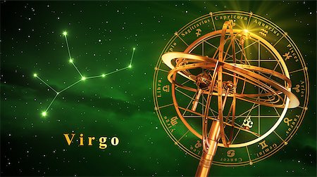 simsearch:400-08697533,k - Armillary Sphere And Constellation Virgo Over Green Background. 3D Illustration. Stock Photo - Budget Royalty-Free & Subscription, Code: 400-08697534