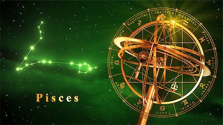 simsearch:400-08697533,k - Armillary Sphere And Constellation Pisces Over Green Background. 3D Illustration. Stock Photo - Budget Royalty-Free & Subscription, Code: 400-08697530