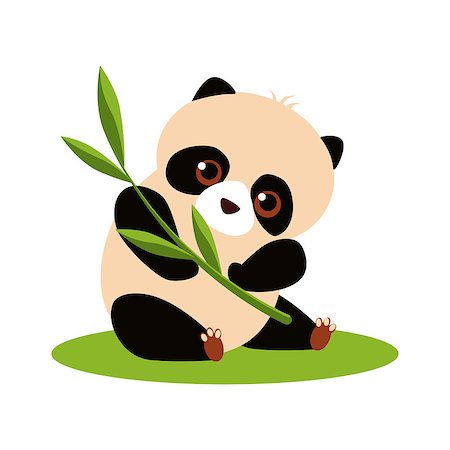 pandas sitting on grass - Vector illustration of a little cute panda eating bamboo branch. Flat design Stock Photo - Budget Royalty-Free & Subscription, Code: 400-08697566