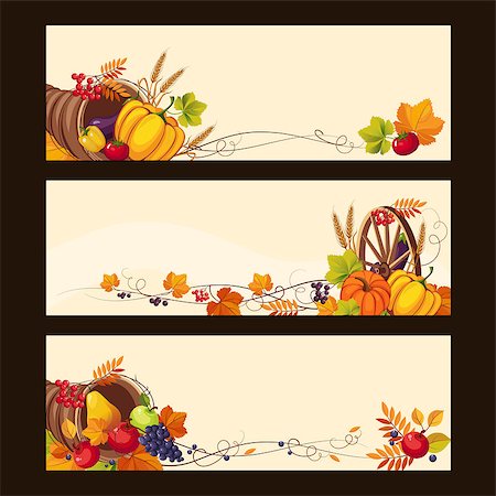 simsearch:400-04983103,k - Banners with autumn harvest elements, leaves, fruit and vegetables, colorful vector illustration Fotografie stock - Microstock e Abbonamento, Codice: 400-08697586