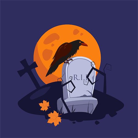 simsearch:400-04214856,k - Halloween picture with a raven sitting on a gravestone vector illustration Fotografie stock - Microstock e Abbonamento, Codice: 400-08697642