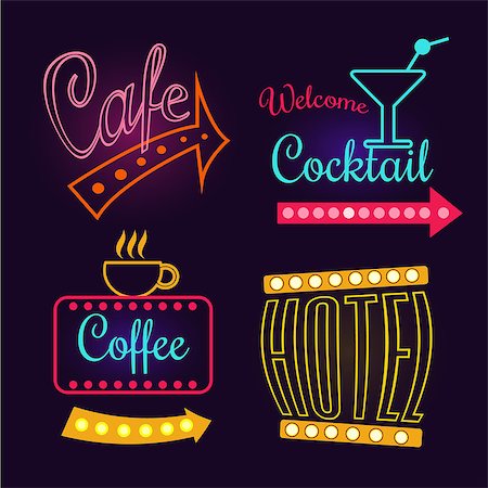 Set of glowing Neon signs of hotel, cafe and cocktail. Vector illustration set Stock Photo - Budget Royalty-Free & Subscription, Code: 400-08697684