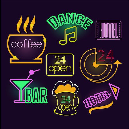 Set of glowing Neon signs of hotel, cafe and bar, 24 hours. Vector illustration set Stock Photo - Budget Royalty-Free & Subscription, Code: 400-08697686