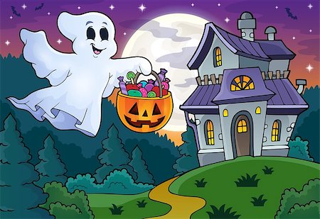 simsearch:400-09098399,k - Halloween ghost near haunted house 1 - eps10 vector illustration. Stock Photo - Budget Royalty-Free & Subscription, Code: 400-08697804