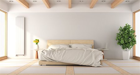 simsearch:400-07796866,k - Contemporary white bedroom with wooden windows and beams - 3d rendering Stock Photo - Budget Royalty-Free & Subscription, Code: 400-08692941