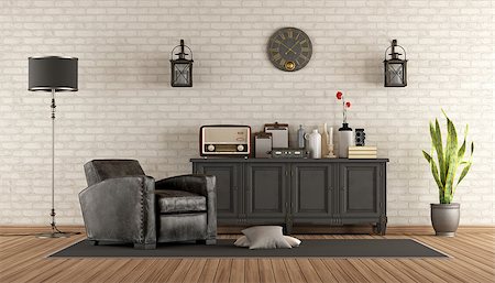 simsearch:400-06700985,k - Retro living room with leather armchair and sideboard - 3d rendering Stock Photo - Budget Royalty-Free & Subscription, Code: 400-08692950