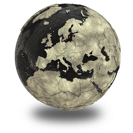 simsearch:400-08770297,k - Europe on 3D model of planet Earth with black oily oceans and concrete continents with embossed countries. Concept of petroleum industry or global enviromental disaster. 3D illustration isolated on white background with shadow. Foto de stock - Super Valor sin royalties y Suscripción, Código: 400-08693182