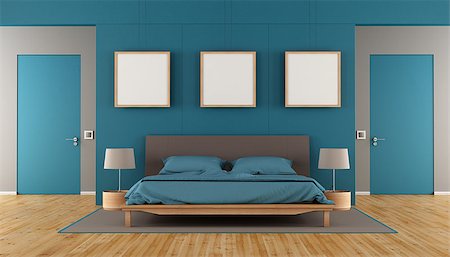 simsearch:400-07796866,k - Blue and brown modern bedroom with double bed,blank frame and two closed door - 3d rendering Stock Photo - Budget Royalty-Free & Subscription, Code: 400-08693455