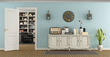 Retro living room with sideboard and open door with bookcase on the background - 3d rendering Stock Photo - Budget Royalty-Free & Subscription, Code: 400-08693463