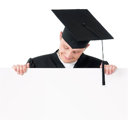 Graduate student in mantle showing blank placard board, isolated on white background Stock Photo - Budget Royalty-Free & Subscription, Code: 400-08693596