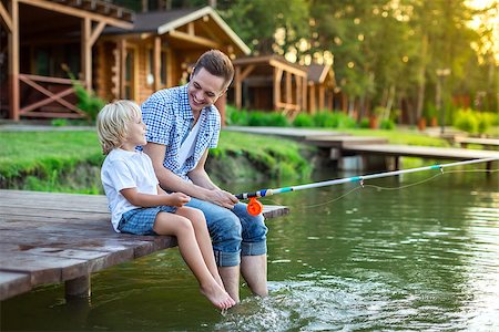father and son fishing dock lake - Dad with son fishing in summer Stock Photo - Budget Royalty-Free & Subscription, Code: 400-08693696