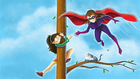 flying female super hero - Illustration of Superhero saving girl stuck on tree Stock Photo - Budget Royalty-Free & Subscription, Code: 400-08693700