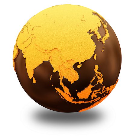 simsearch:400-08693180,k - Southeast Asia on chocolate model of planet Earth. Sweet crusty continents with embossed countries and oceans made of dark chocolate. 3D illustration isolated on white background with shadow. Stock Photo - Budget Royalty-Free & Subscription, Code: 400-08693836