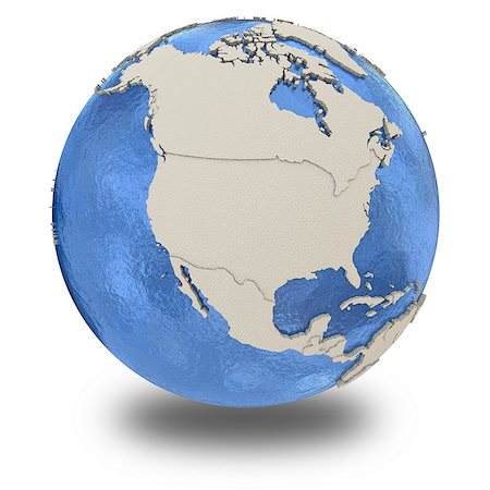 simsearch:400-08429848,k - North America on 3D model of blue Earth with embossed countries and blue ocean. 3D illustration isolated on white background with shadow. Foto de stock - Royalty-Free Super Valor e Assinatura, Número: 400-08693837