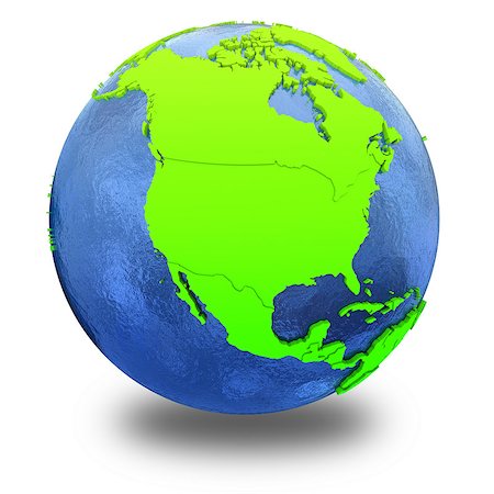 simsearch:400-08693832,k - North America on elegant green 3D model of planet Earth with realistic watery blue ocean and green continents with visible country borders. 3D illustration isolated on white background with shadow. Stock Photo - Budget Royalty-Free & Subscription, Code: 400-08693832