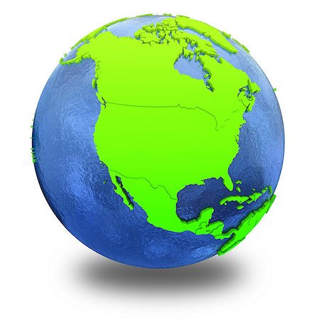 simsearch:400-08693178,k - North America on elegant green 3D model of planet Earth with realistic watery blue ocean and green continents with visible country borders. 3D illustration isolated on white background with shadow. Photographie de stock - Aubaine LD & Abonnement, Code: 400-08693832