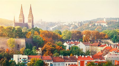 Prague sunset landscape from view to Vysehrad Church of St. Peter and Paul Stockbilder - Microstock & Abonnement, Bildnummer: 400-08693929