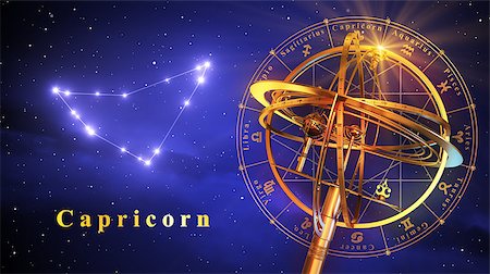 simsearch:400-08697533,k - Armillary Sphere And Constellation Capricorn Over Blue Background. 3D Illustration. Stock Photo - Budget Royalty-Free & Subscription, Code: 400-08693950