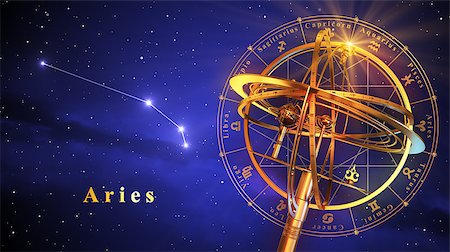 simsearch:400-08697533,k - Armillary Sphere And Constellation Aries Over Blue Background. 3D Illustration. Stock Photo - Budget Royalty-Free & Subscription, Code: 400-08693952