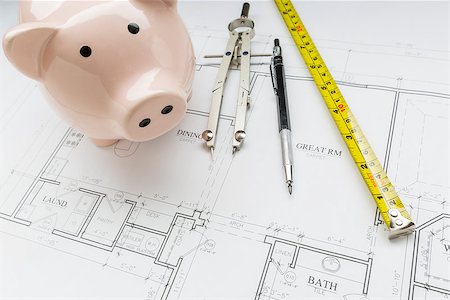 simsearch:400-08772366,k - Piggy Bank, Compass, Engineer Pencil and Measuring Tape Resting on Custom House Plans. Stock Photo - Budget Royalty-Free & Subscription, Code: 400-08705696