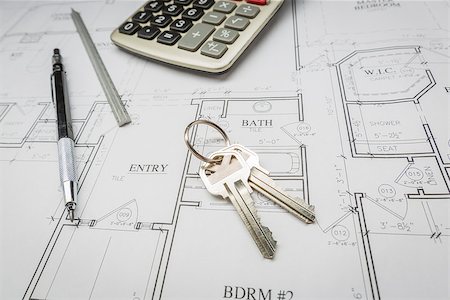 simsearch:400-08772366,k - Pencil, Ruler, Calculator and Keys Resting on Custom House Plans. Stock Photo - Budget Royalty-Free & Subscription, Code: 400-08705700