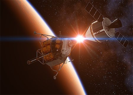 simsearch:400-08705583,k - Crew Exploration Vehicle Docking In Space. 3D Illustration. Photographie de stock - Aubaine LD & Abonnement, Code: 400-08706066