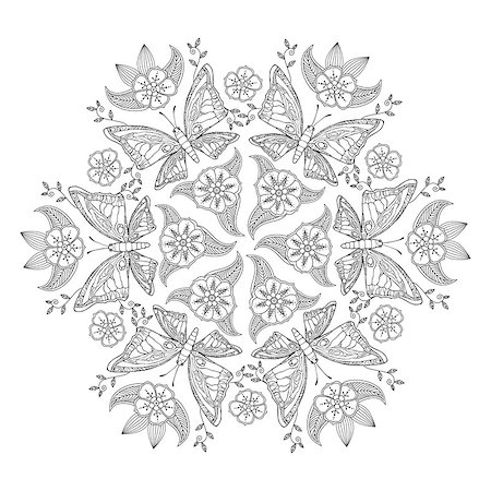 Mendie Mandala with butterflies and flowers. Can be used for coloring book. Vector illustration Stock Photo - Budget Royalty-Free & Subscription, Code: 400-08706788