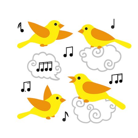 Collection of cute cartoon birds and notes in the sky isolated on white background. Art vector illustration. Stock Photo - Budget Royalty-Free & Subscription, Code: 400-08706783